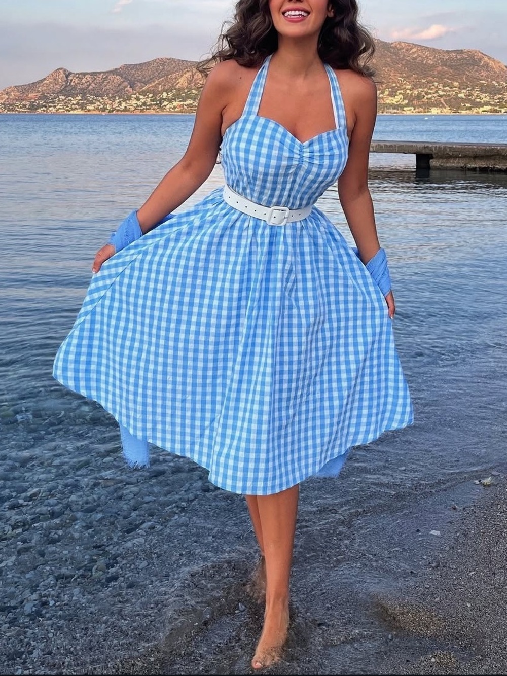 Blue Gingham halter Dress midi plaid flared cottage-core